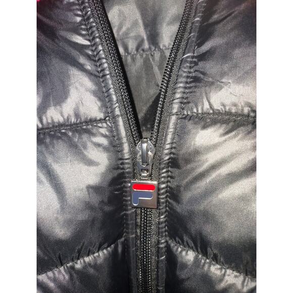 Fila Men's Puffer Jacket XXL Vintage 90s Full Zip Hidden Hood Pockets Black Red - Picture 10 of 11